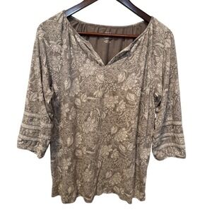 Pure Jill Soft Tunic Top Women Size S Gray White Floral 3/4 Sleeve Boho